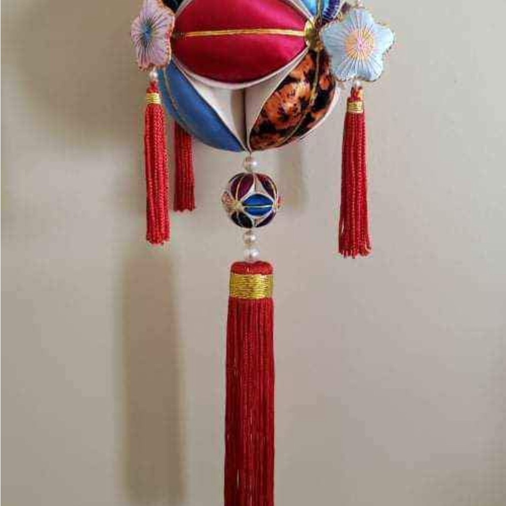 Chinese Silk Embroidered 4” Hanging Tassel Ball Ornament
